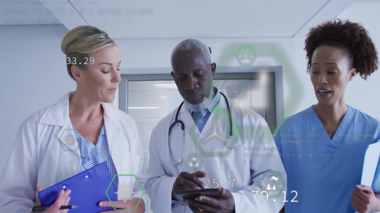 Animation of eco icons and data processing over diverse doctors