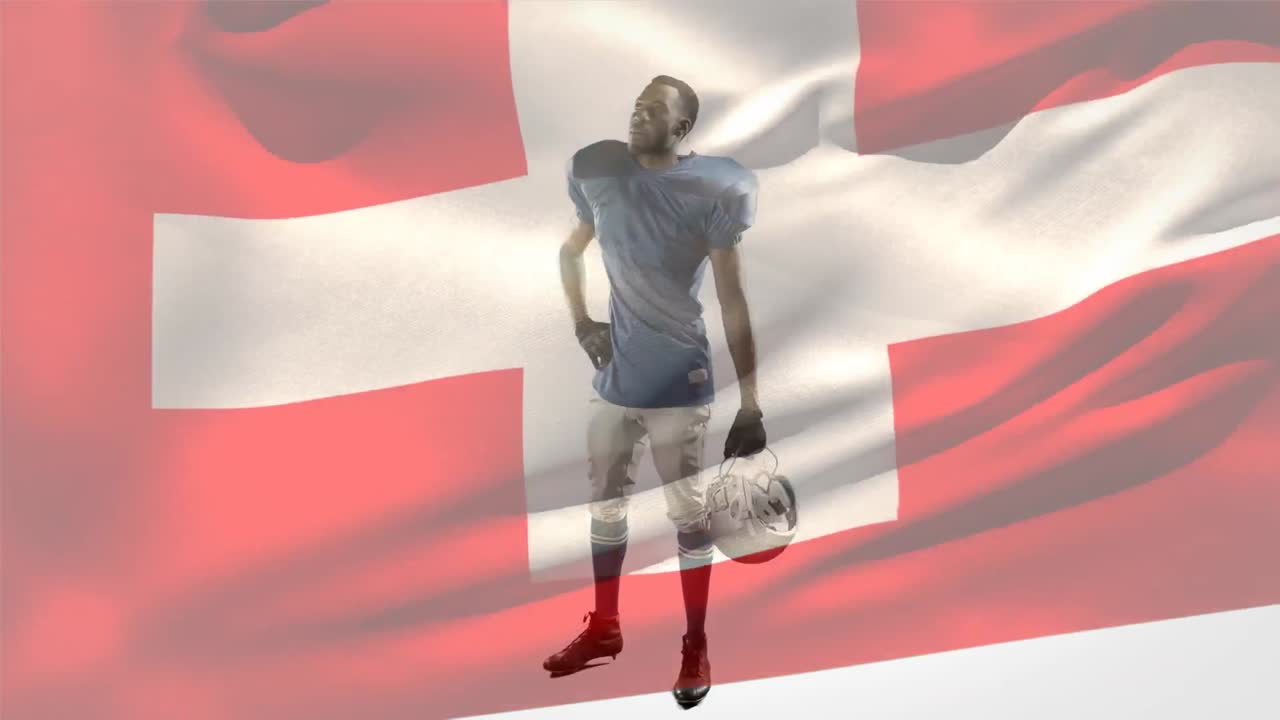 アフリカ系アメリカ人のアメリカンフットボール選手の上にスイス国旗が重なるアニメーション