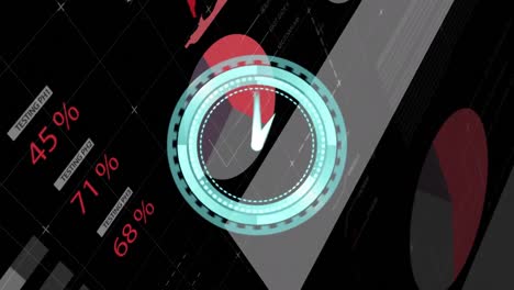 animación del reloj sobre gráficos y datos sobre fondo negro.