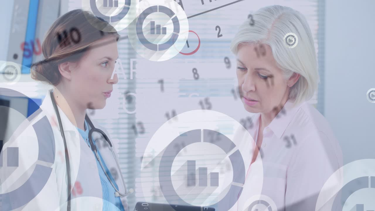 Animation of icons and calendar over caucasian doctors discussing patient reports on digital tablet