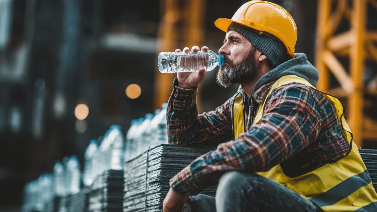A Construction Worker Takes a Moment to Hydrate While Resting on the Job Site, Highlighting the Importance of Staying Hydrated and Safe in Construction Environments