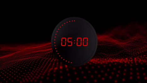 animation of red digital timer changing with dots and red light trails on black background