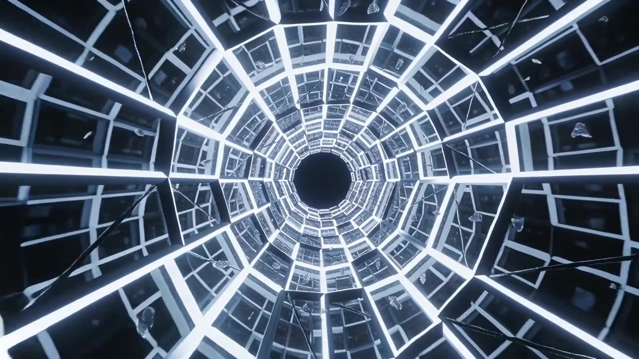 Camera starting motion, lattice rotating in shaft, shards drifting toward center to highlight void