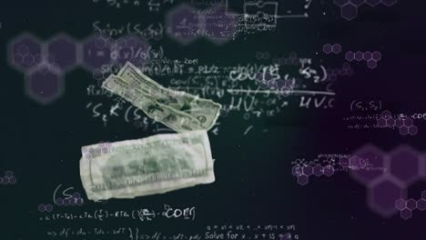 Animation-of-mathematics-equations-with-money-falling,-chemical-elements.-