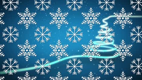 Animation-of-christmas-tree-formed-with-blue-ribbon-and-snow-falling