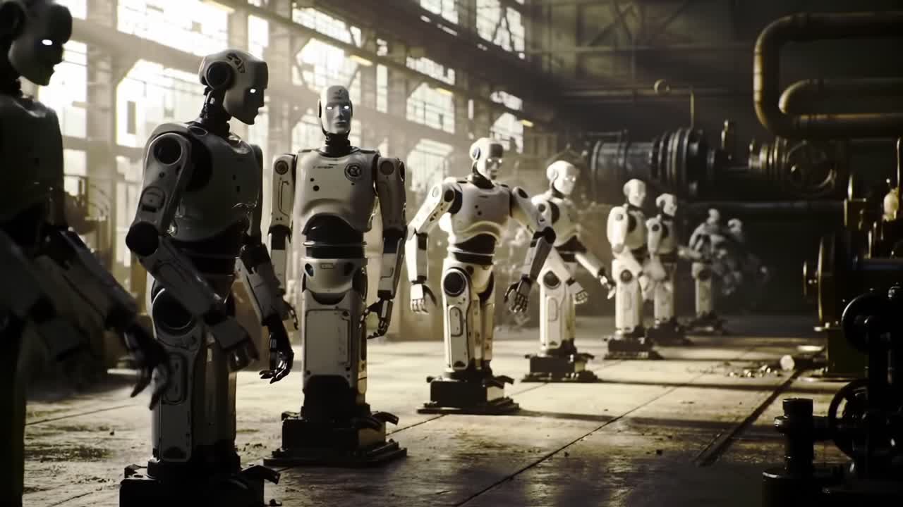 A Unique Perspective on Advanced Robotics: Exploring a Row of Humanoid Robots in a Dynamic Industrial Setting with Intricate Details and Realistic Designs