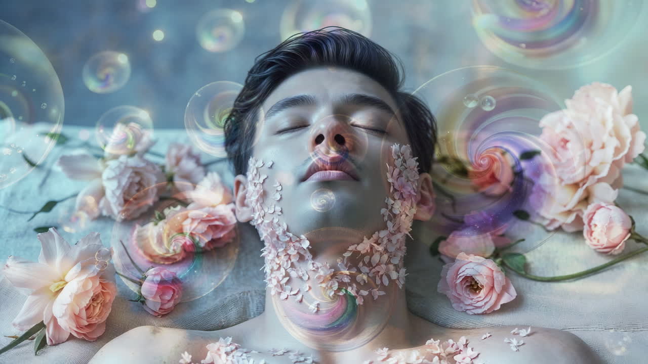 Dreamy Floral Portrait with Ethereal Swirls and Petals
