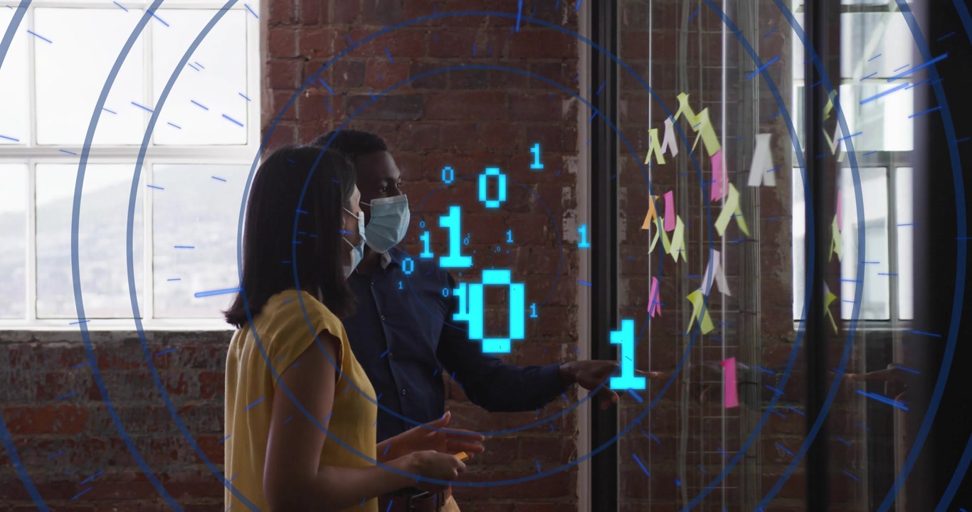Colleagues selecting notes, building grid on glass wall with binary code drifting for tech planning