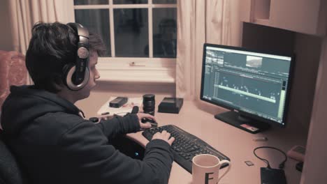 teenager sitting at computer video editing in dorm room wearing headphones at night