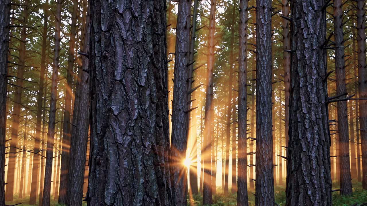 Sunlight filters through tall pine trees in a serene forest, captured at eye level