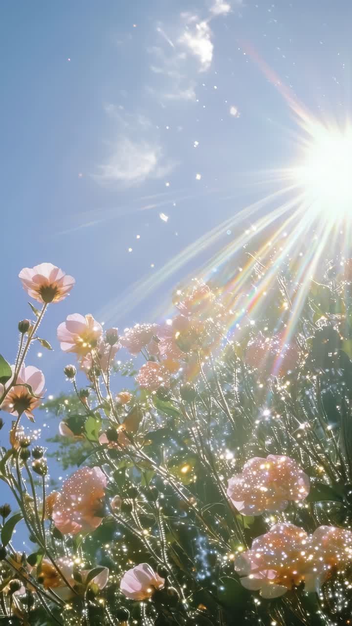 Low-angle shot of blooming flowers under a bright sun with lens flare, creating a dreamy, ethereal