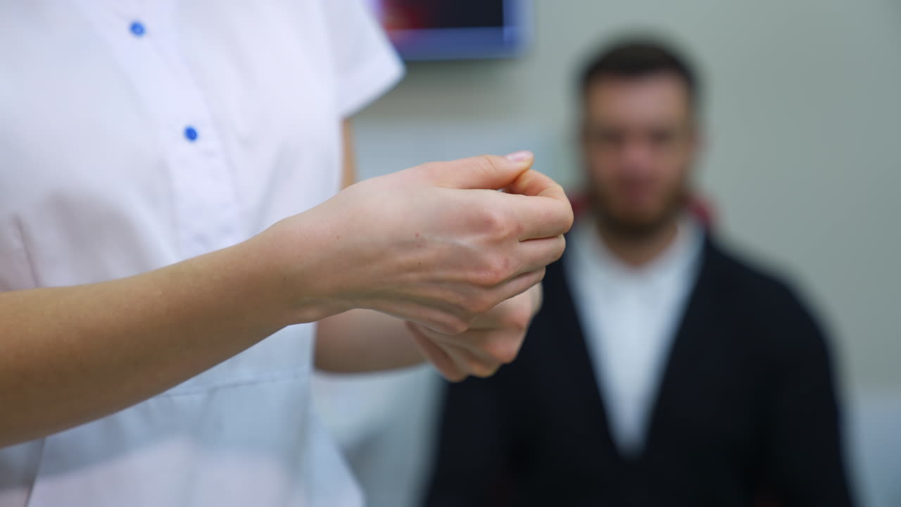 Ophthalmologist examining young man in clinic. Ophthalmologist testing sight of male patient in clinic