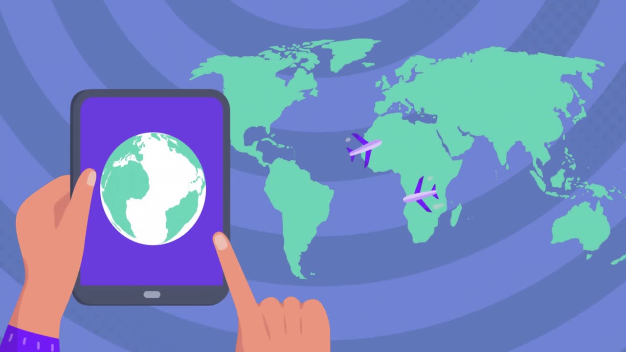 animación de aviones volando sobre el mapa y manos girando el globo en una tableta digital