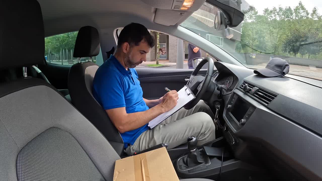 Man in car with box and clipboard