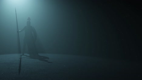 ancient greek warrior hoplite standing inside a dark space, with volumetric light behind him and dust particles floating, 3d animation, left view, camera zoom slowly