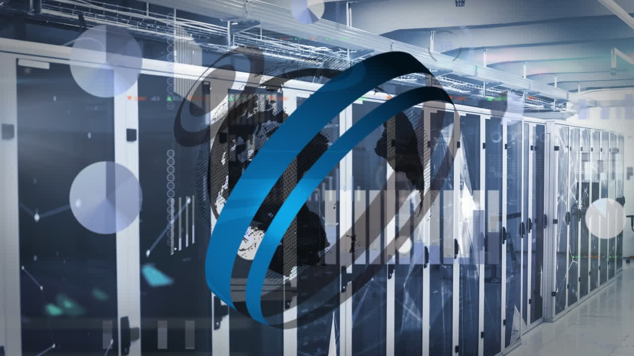 전 세계와 데이터 처리를 통해 컴퓨터 서버를 통해 범위 스캔의 애니메이션