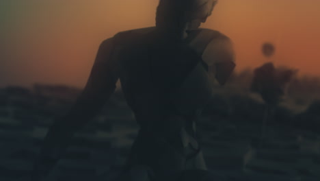 destroyed andorids on a junkyard in yellow light