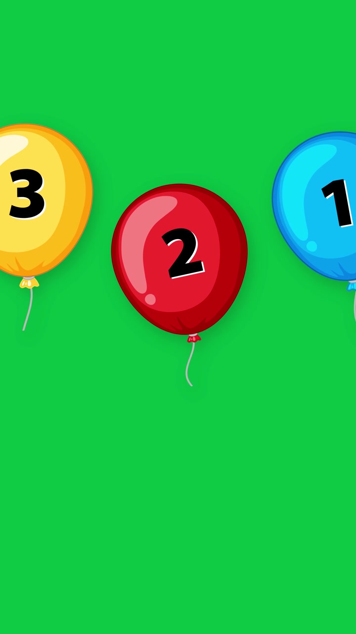 Vibrant cartoon balloons with numbers float vertically against a solid green screen background.