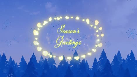 Animation-of-christmas-greetings-text-in-fairy-lights-frame-over-christmas-winter-scenery