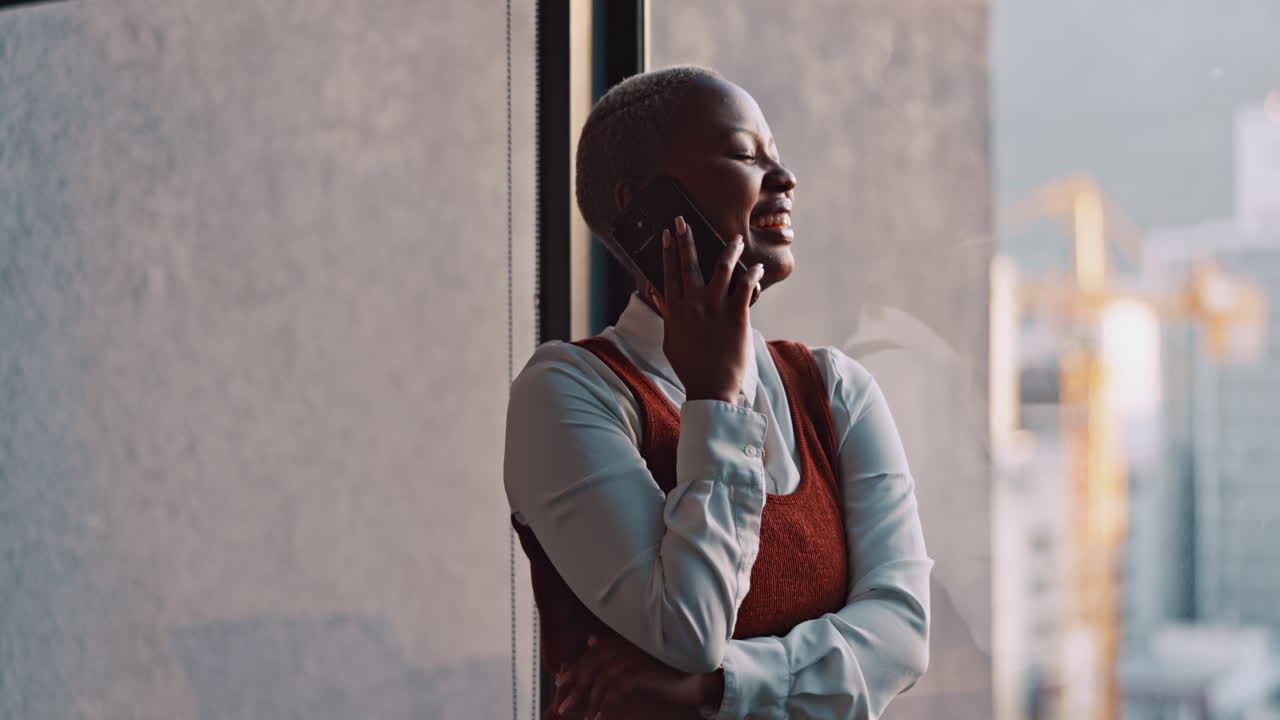 Phone call, communication and black woman laughing