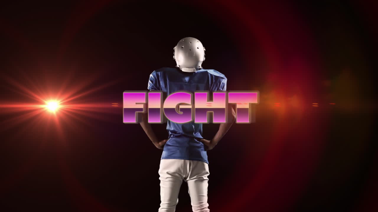 Football player wearing blue jersey with FIGHT animation on dark background