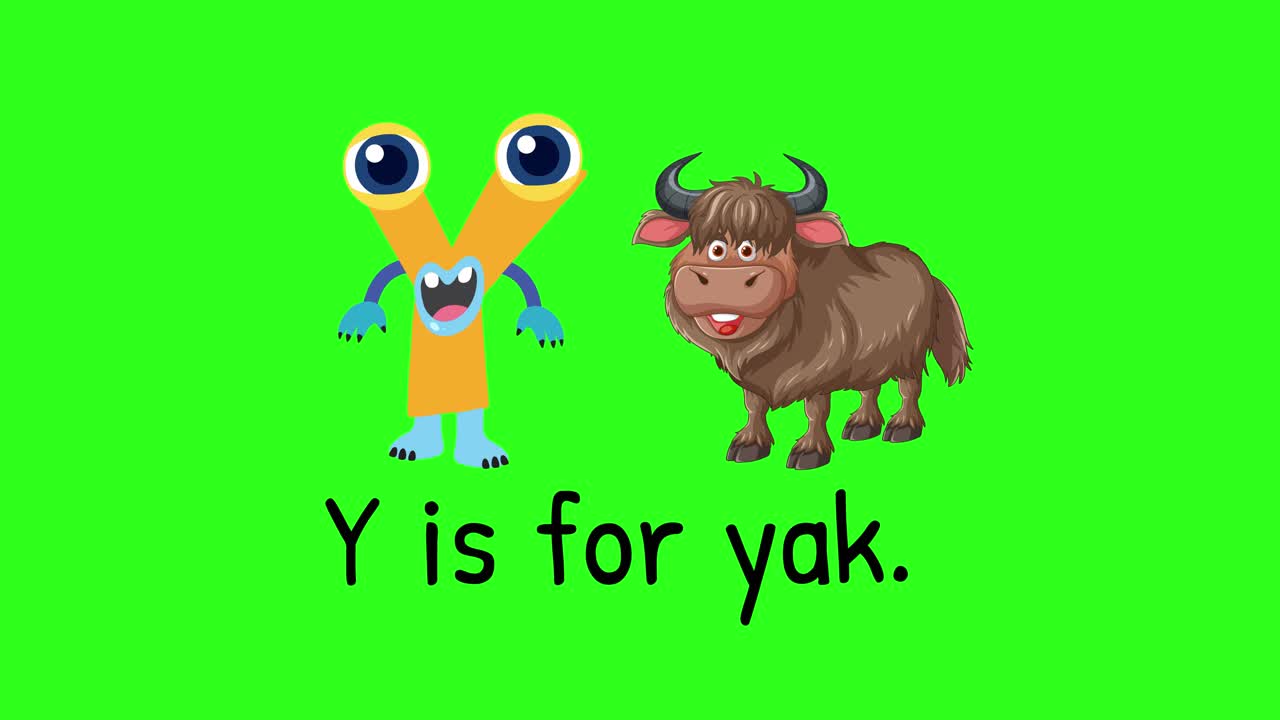 Colorful animation introducing the letter Y with a playful character and yak on a vibrant green background