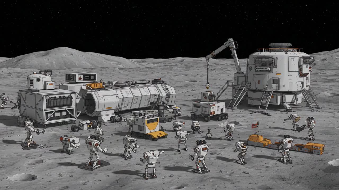 Exploring the Lunar Surface: A Scene of Busy Astronauts and High-Tech Equipment Collaborating on Moon Base Operations and Scientific Research in a Futuristic Setting