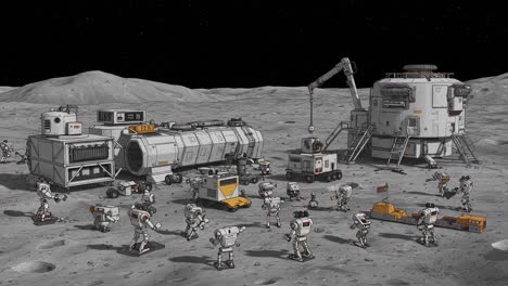 exploring the lunar surface: a scene of busy astronauts and high-tech equipment collaborating on moon base operations and scientific research in a futuristic setting
