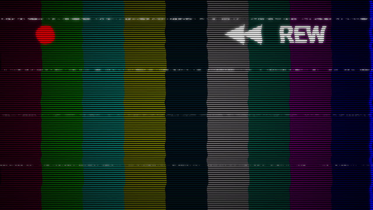 Retro VCR Rewind Screen with Glitching Color Bars