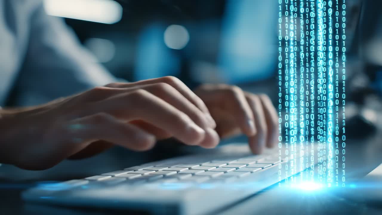 person typing on keyboard with binary code overlay