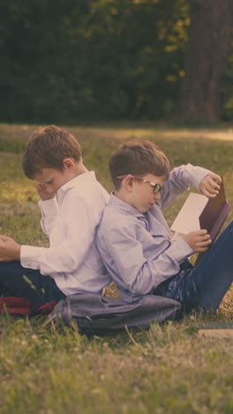 cute diligent schoolboys in shirts with bags read textbooks sitting on green lawn after lessons in sunny garden