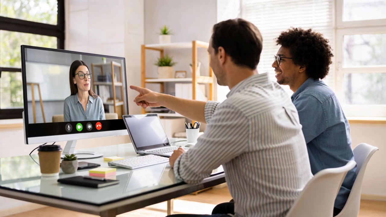 Listening remote host speaking, two in striped blue shirts in office confirming pointing at screen