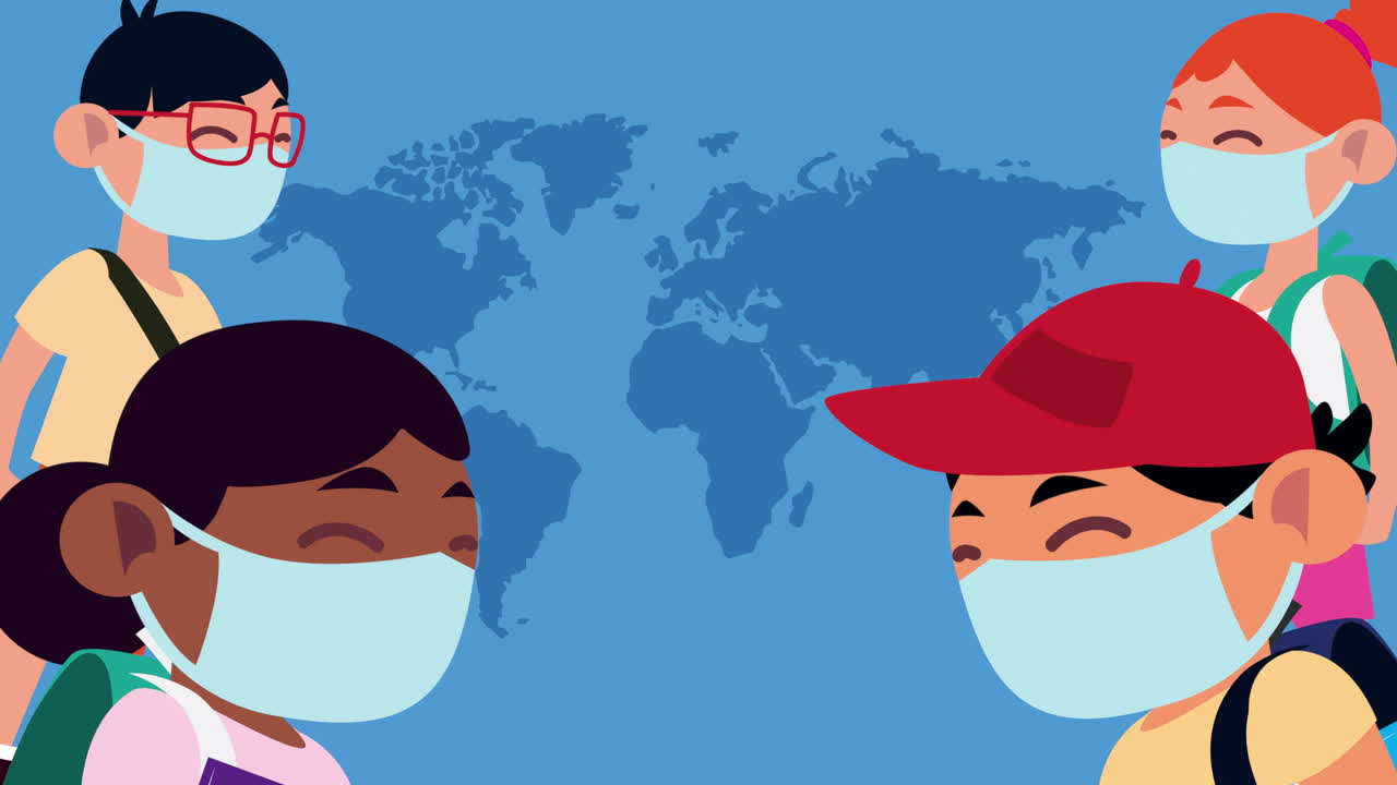 아이들은 마스크와 배을 착용합니다.