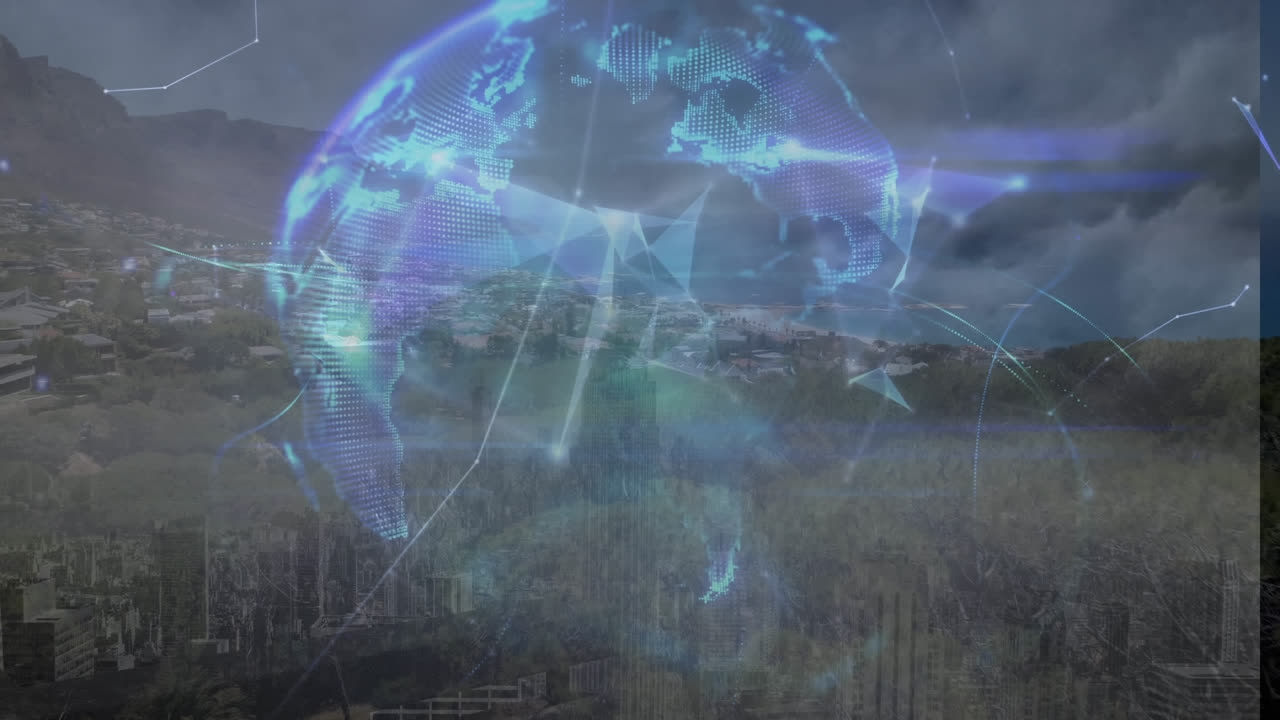 도시 풍경 위의 지구와 모양의 애니메이션