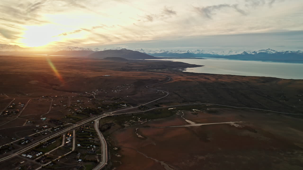 Cinematic Panoramic View of Beautiful Sunset over El Calafate near Santa Cruz, Patagonia, Argentina. Aerial Drone Shot of the Scenic Panorama