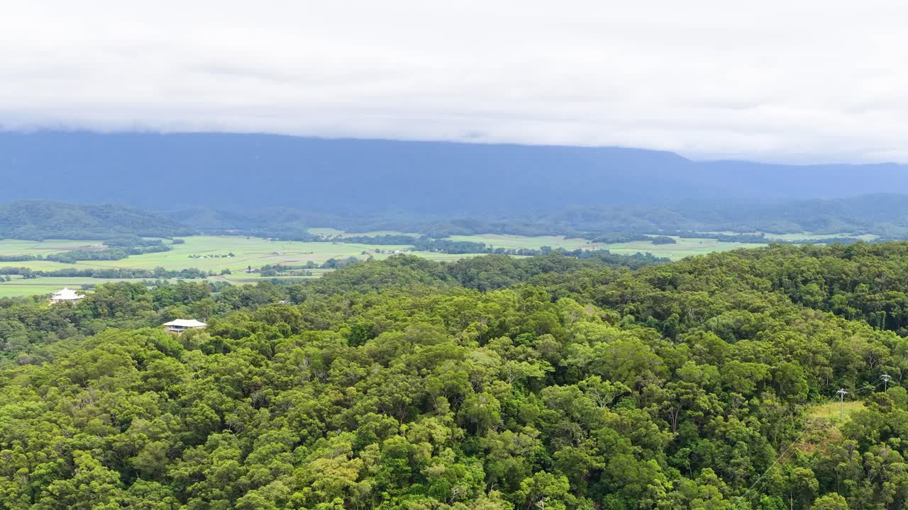 Drone pans above lush rainforest, revealing coastline, mountains, and ocean under soft daylight