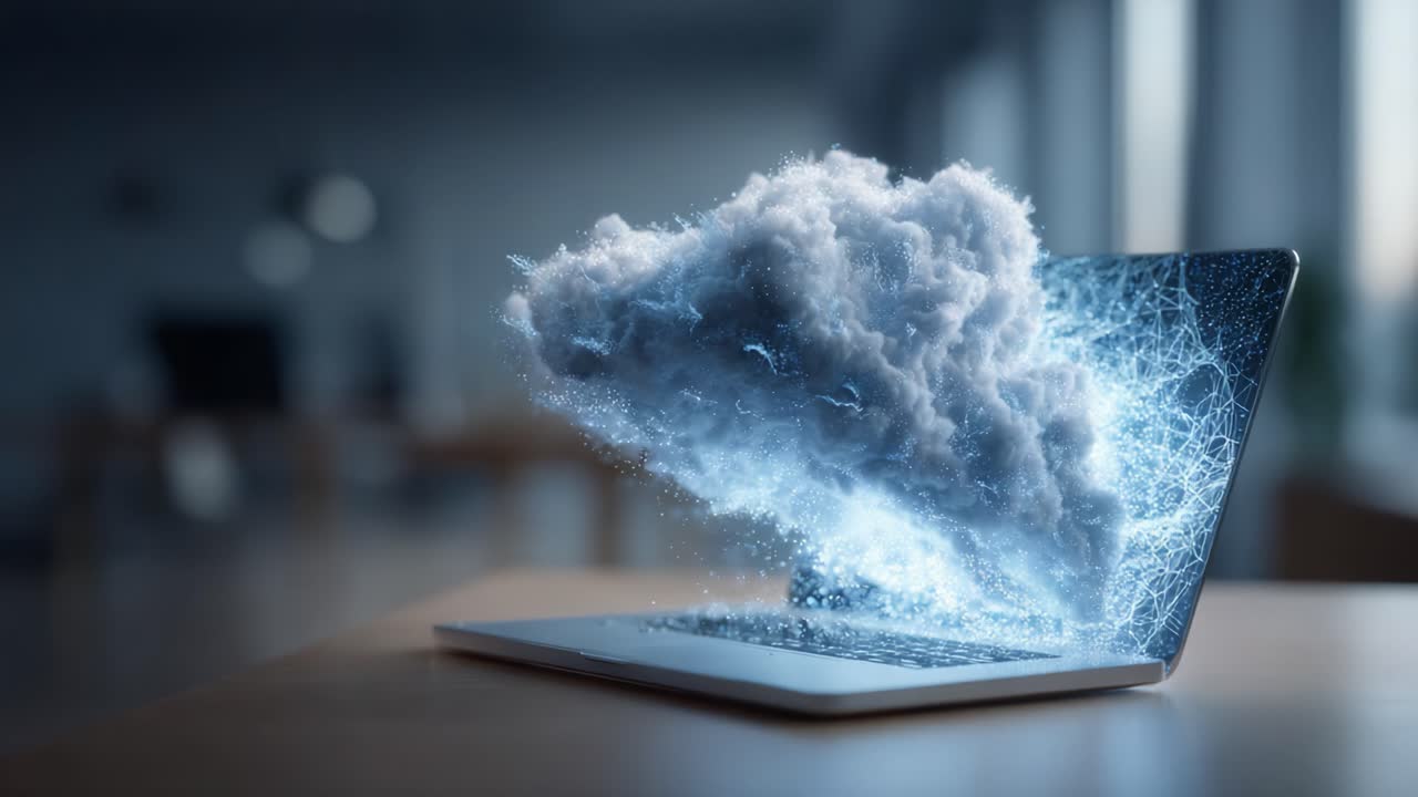 A Digital Phenomenon: Ethereal Cloud Formation Emerging from a Laptop Screen Surrounded by a Realm of Electric Energy and Technology in a Contemporary Workspace