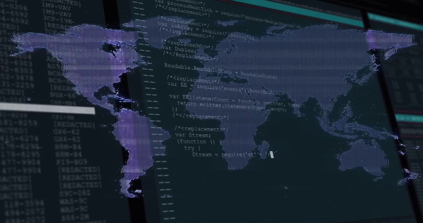 View pulling back revealing purple map across panes, terminal overlay scrolling code for monitoring