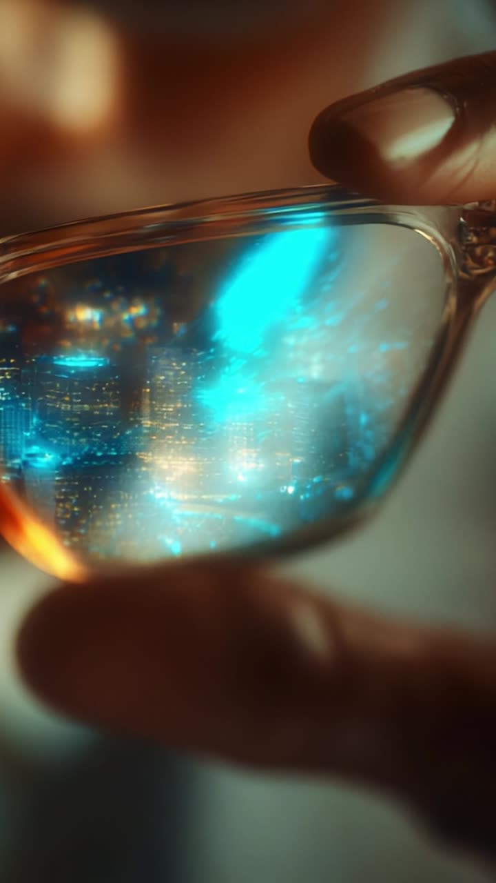 A Glimpse into a Vibrant Cityscape Reflected in Stylish Eyeglasses Captured in Two Stunning Frames Showcasing the Beauty of Reflections and Light Play