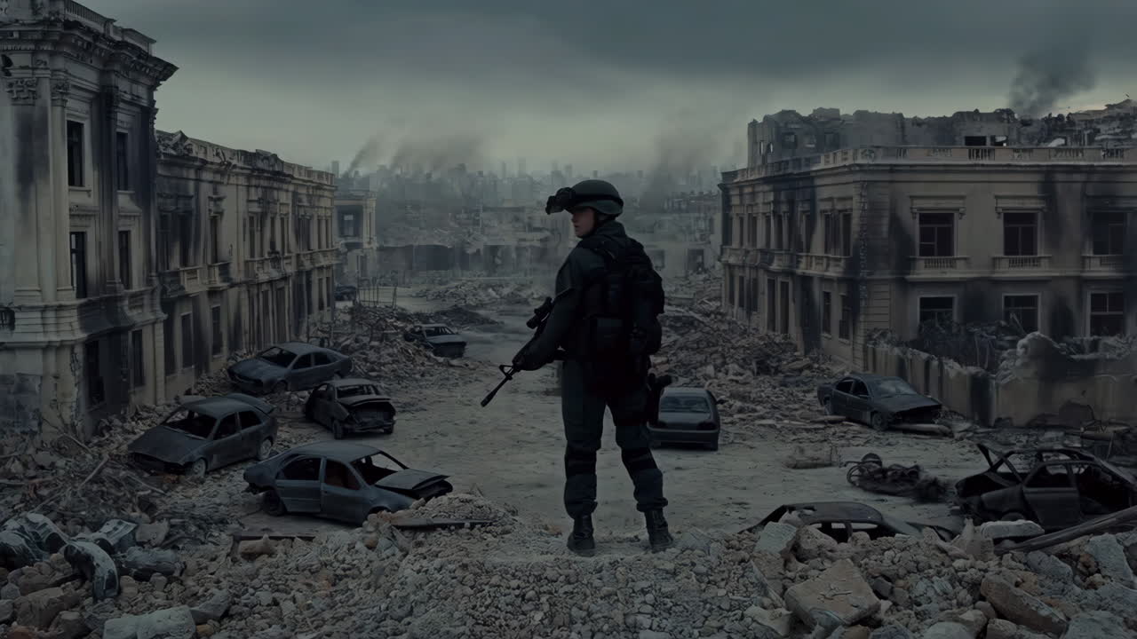 Soldier in a War-Torn City