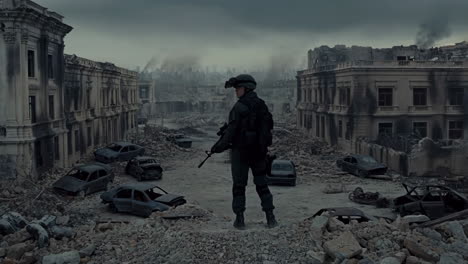 soldier in a war-torn city