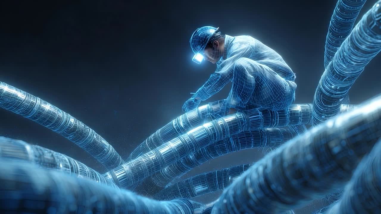 Tecnico che lavora con cavi futuristici in un ambiente digitale