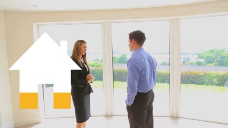 animación del icono de la casa llenándose de amarillo sobre el hombre y el agente inmobiliario en la casa