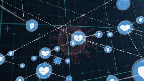 network of digital icons over grid network against covid-19 cell spinning on blue background