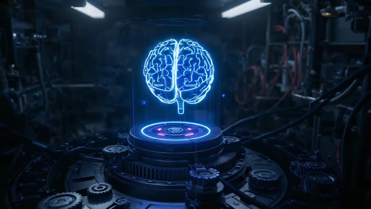 Powering up emitter projecting blue brain hologram for testing in lab, with gears and cables
