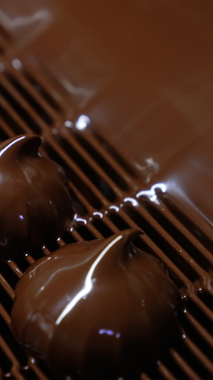 Marshmallows come out from the coating with black melted chocolate. Conveyor grid taking freshly-covered zephyr sweets. Close up. Vertical video