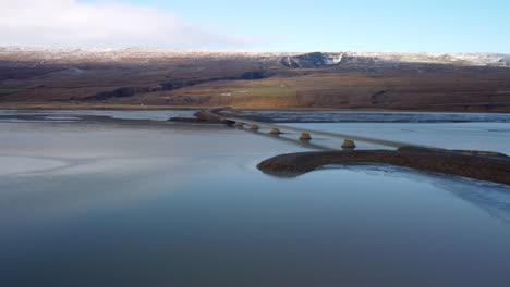 drone shot of a beautiful landscape in iceland, of the sea and the mountains in the background