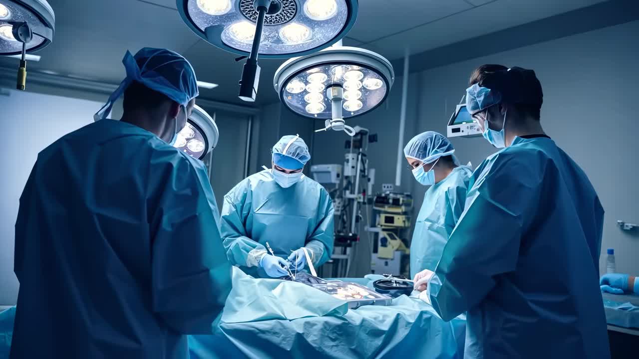 Vista aerea di chirurghi che eseguono un intervento chirurgico in una sala operatoria ben illuminata