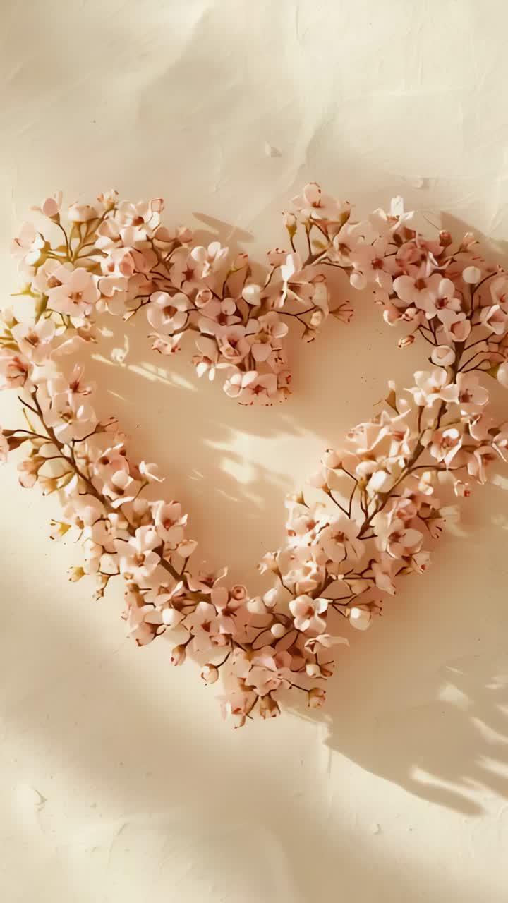 Video verticale: camera in movimento con zoom su cuore di fiori rosa su lenzuolo color crema, la luce del sole rivela la texture