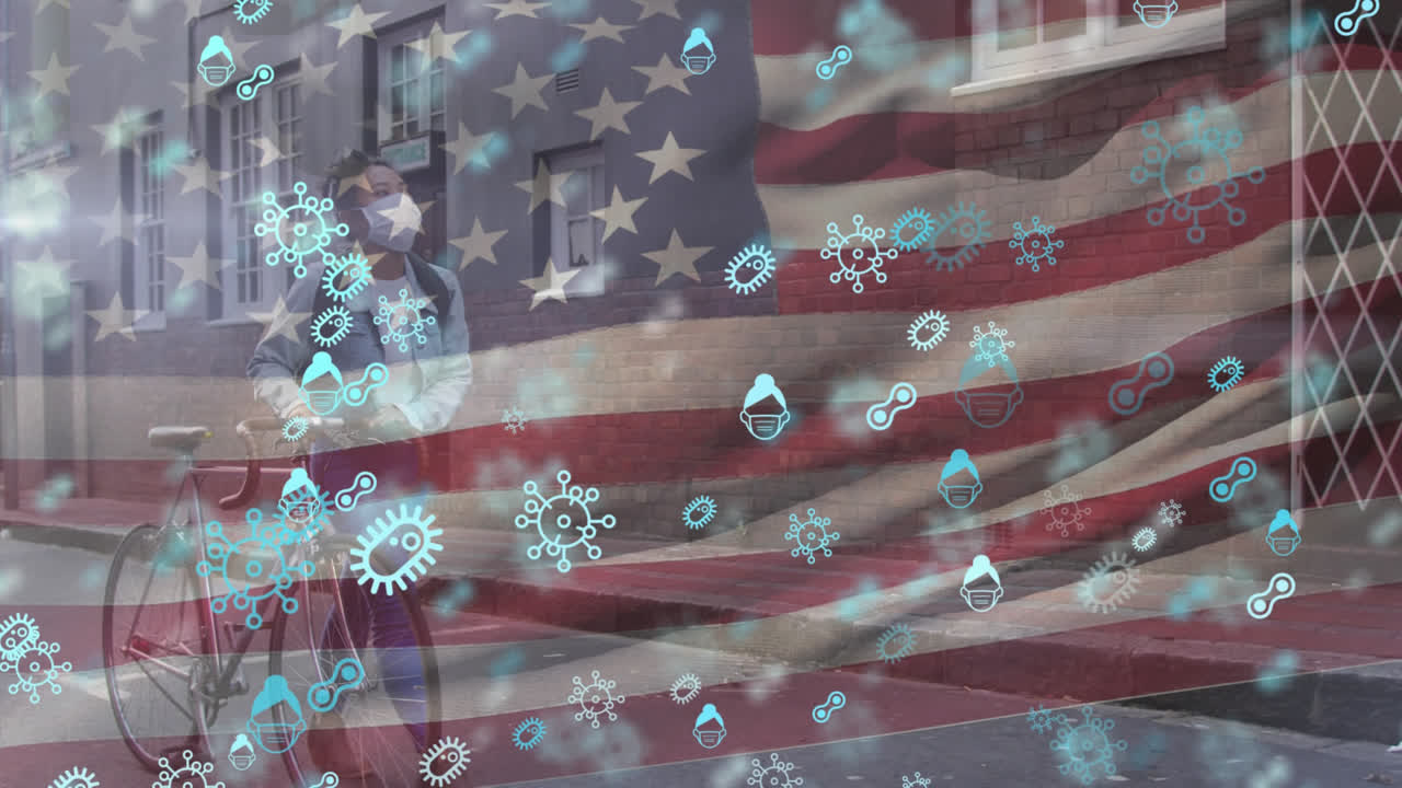 코로나19 콘셉트 아이콘과 얼굴 마스크를 착용한 여성이 우리를 향해 발을 흔들고 있습니다.